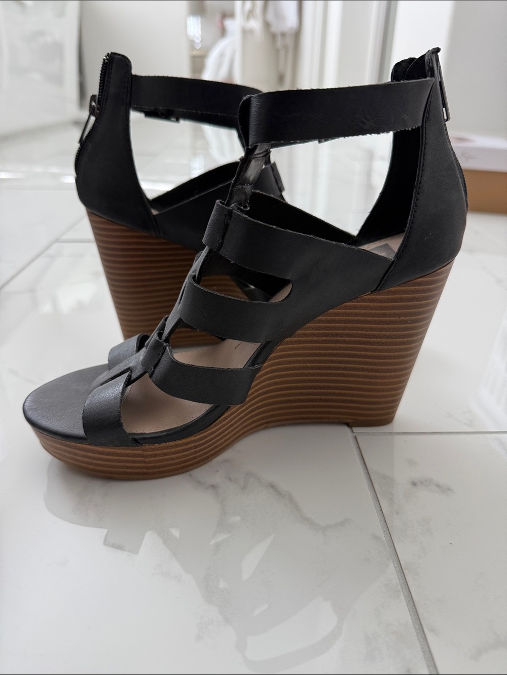 Dolce Vita Black Strappy Wedge Sandals with Stacked Brown Platform